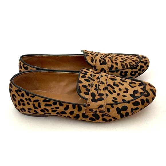 J. Crew Animal Print Leopard Leather Penny Flats Loafers Tan Black Size 7 - Picture 1 of 9